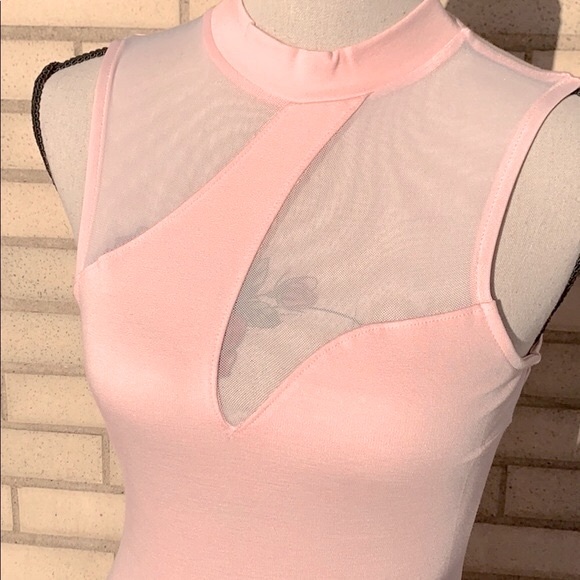 Privy Blush Pink High Neckline Mesh Cutout Midi Dress NWT - Picture 5 of 9